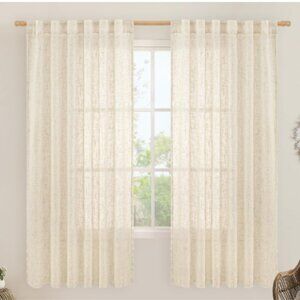 Pair of Linen Curtain Panels 52 x 63 Off White Cream Burlap Textured Curtains